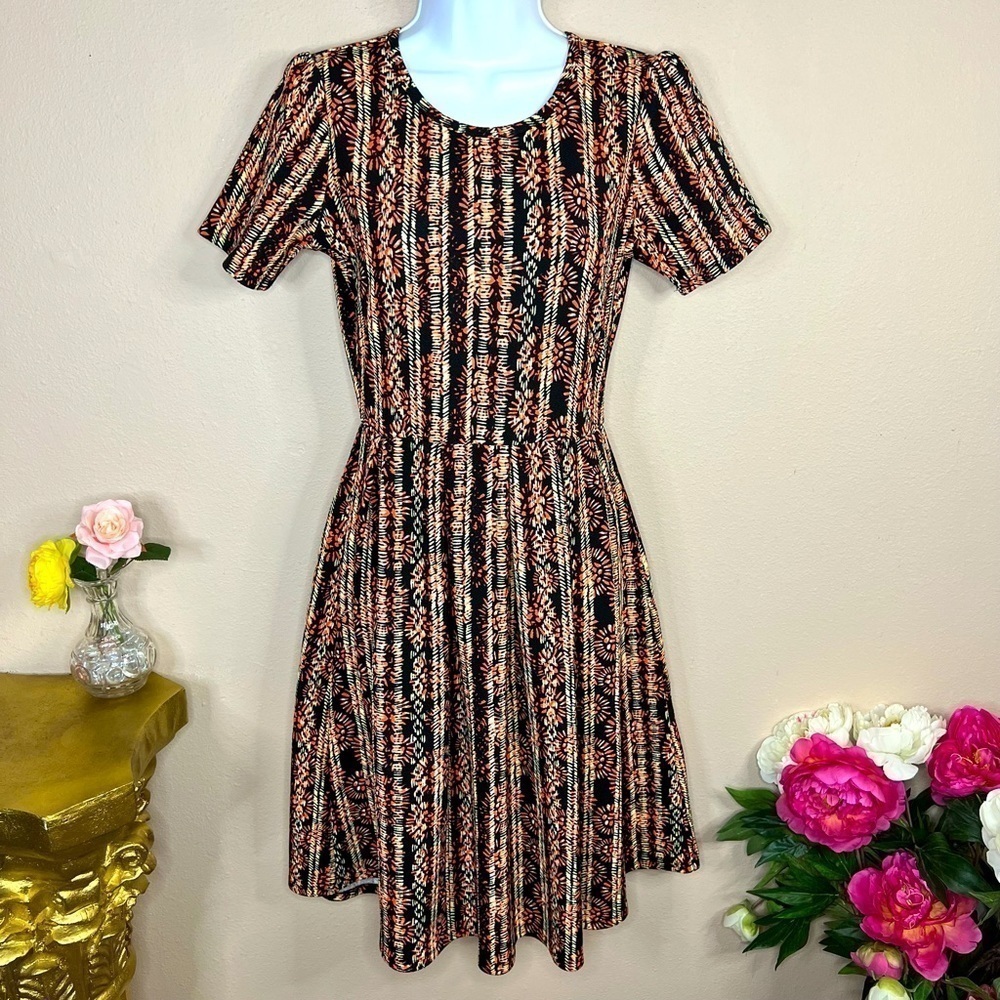 S LuLaRoe Short Sleeve Dress Fit & Flare Black & Orange Stretch Small